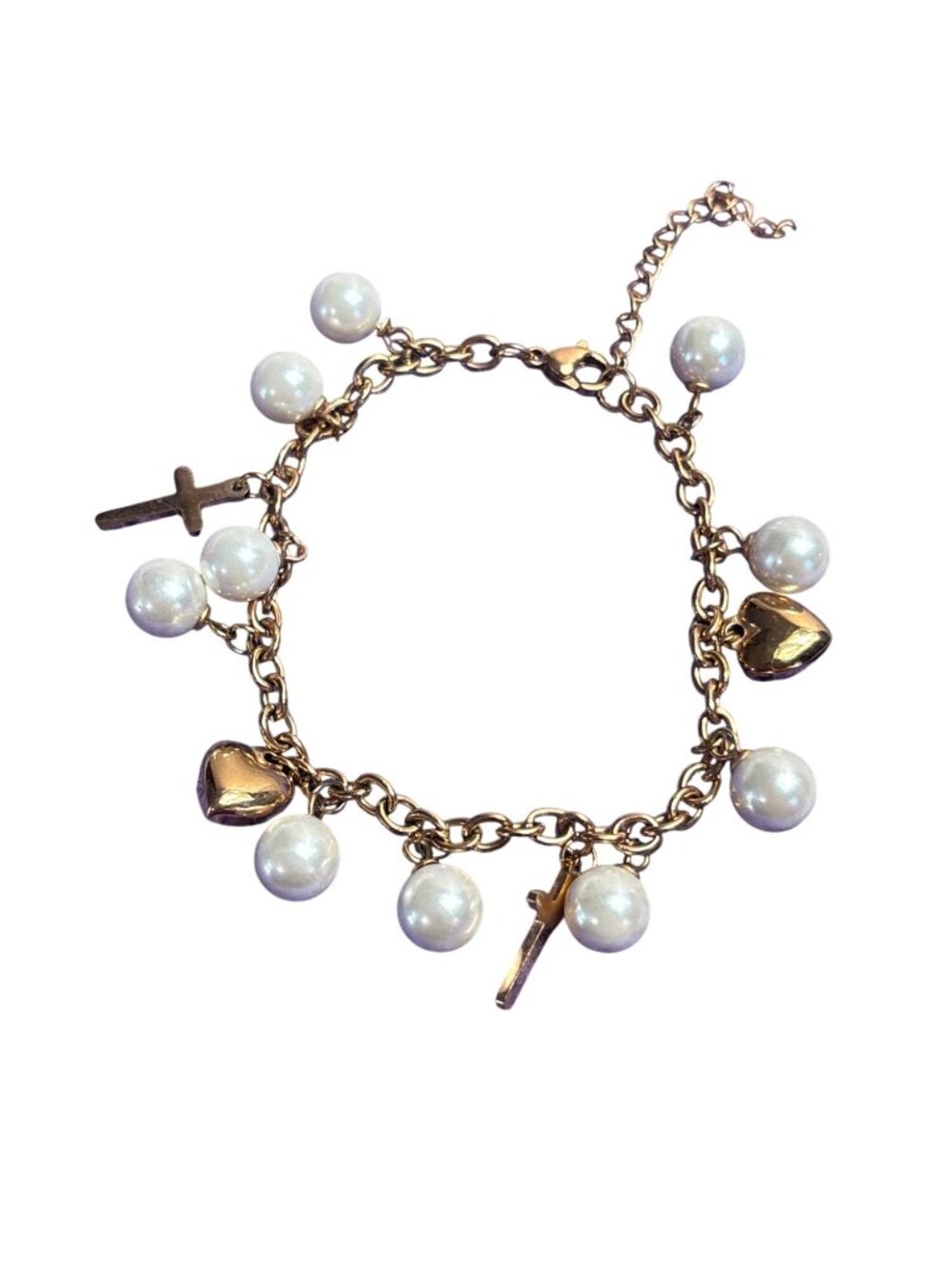 Goldtone Chain Charm Bracelet Crosses Hearts Faux Pearls Lobster Clasp